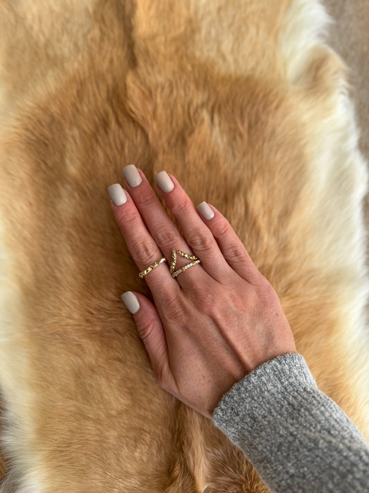 14 karat gold lab-grown diamond stacking ring on model by BlaireBe Jewelry