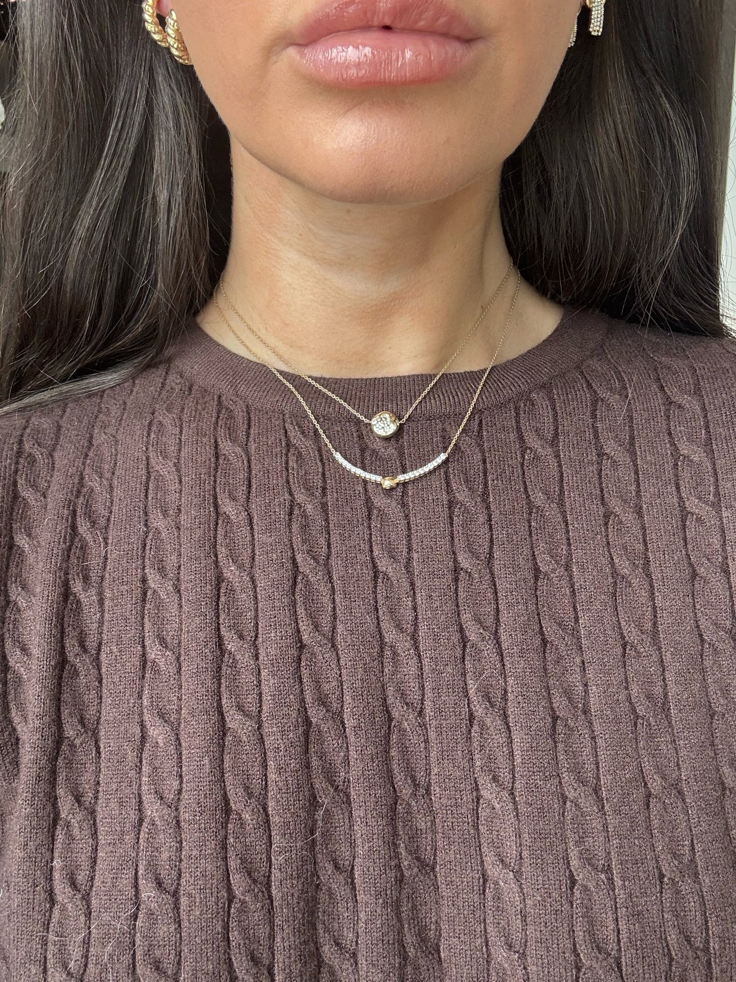 14 karat gold lab-grown diamond bar round necklace on model by BlaireBe Jewelry