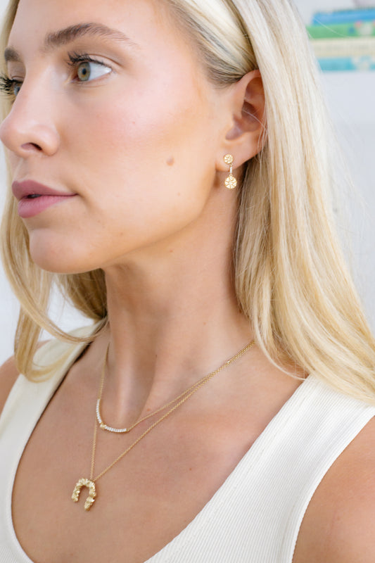 Close up 14 karat gold lab-grown diamond delicate round earrings by BlaireBe Jewelry