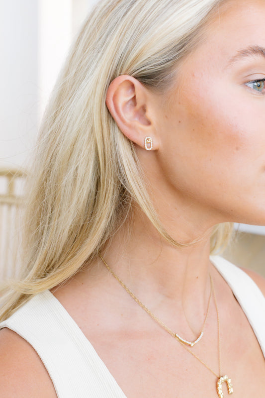 Close up 14 karat gold lab-grown diamond paperclip earrings by BlaireBe Jewelry