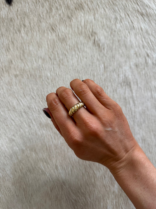 14 karat gold lab-grown diamond vintage ring on model by BlaireBe Jewelry