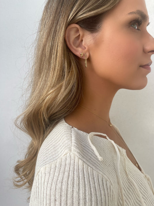 14 karat gold delicate rectangle earrings on model by BlaireBe Jewelry
