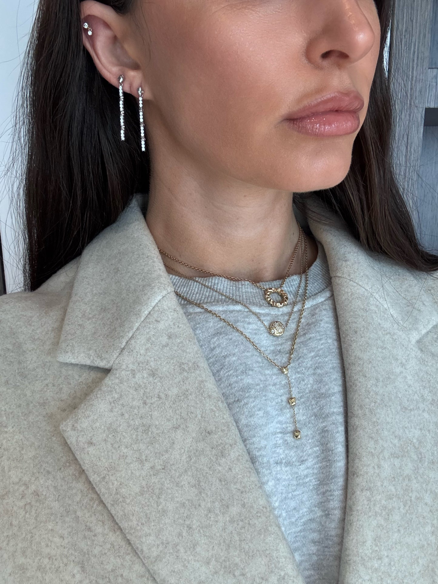 Side view 14 karat gold lab-grown diamond dangle earrings by BlaireBe Jewelry