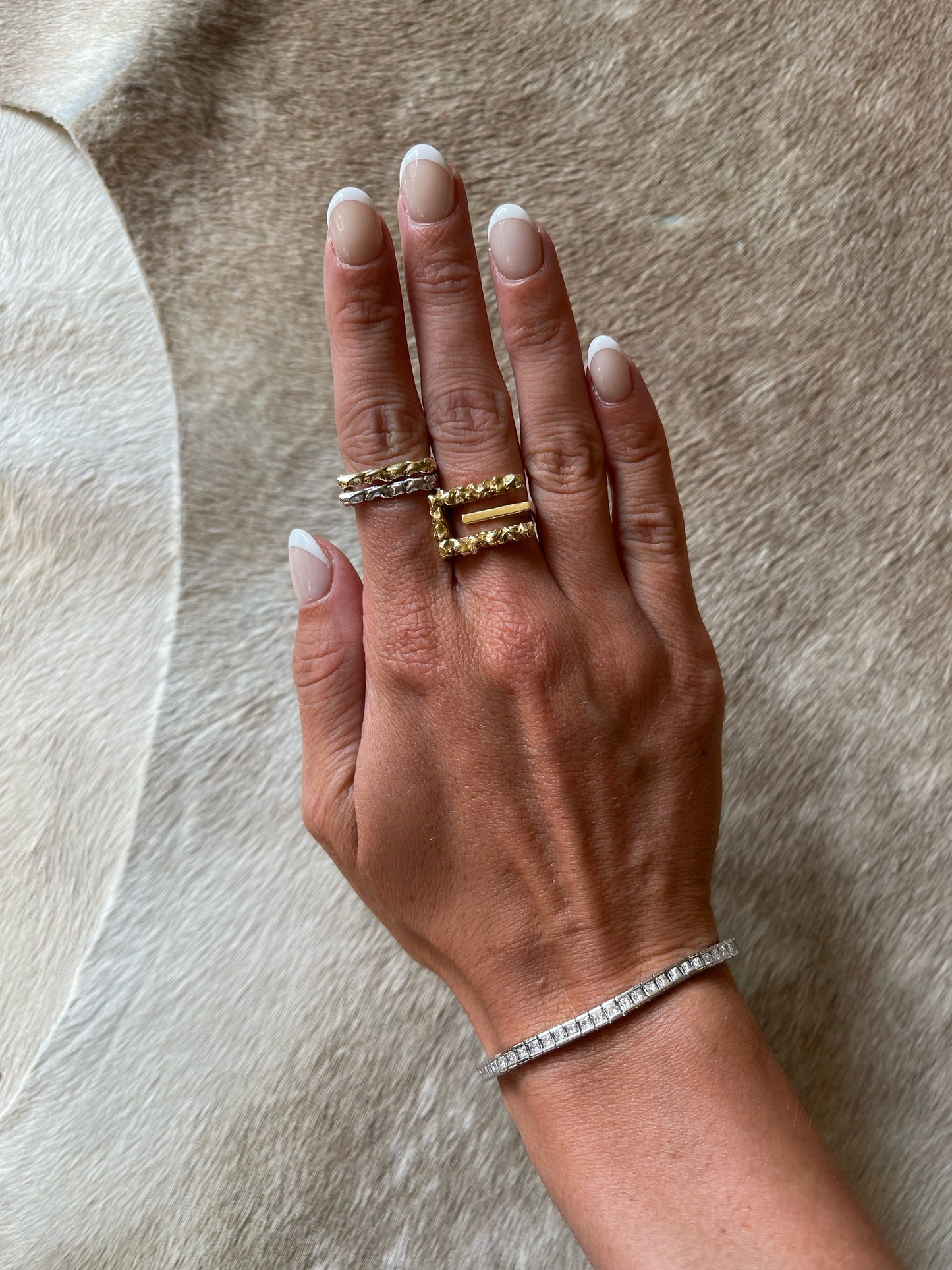 14 karat gold lab-grown diamond stacking square ring on model by BlaireBe Jewelry