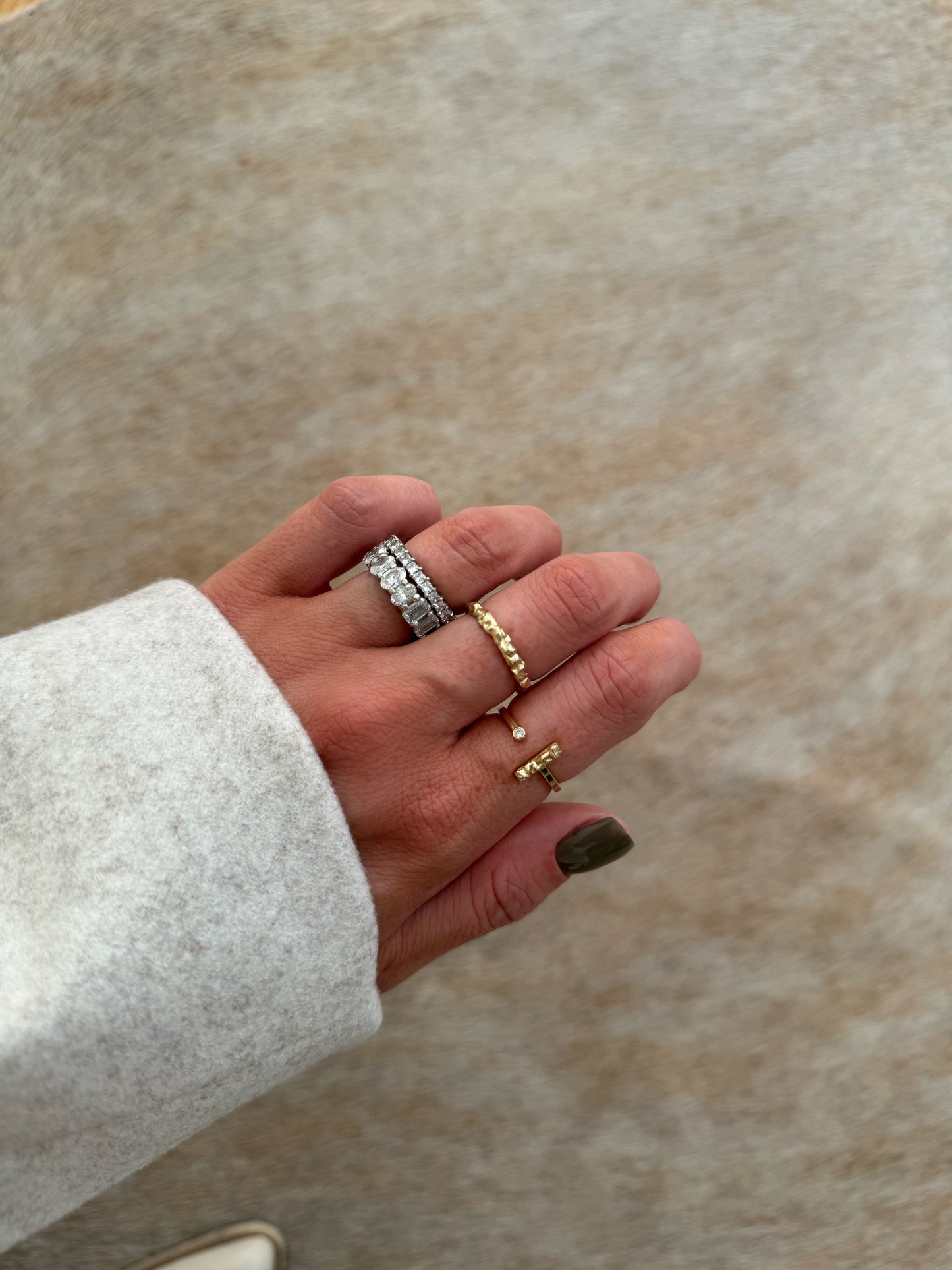 14 karat gold lab-grown diamond delicate incomplete ring on model by BlaireBe Jewelry