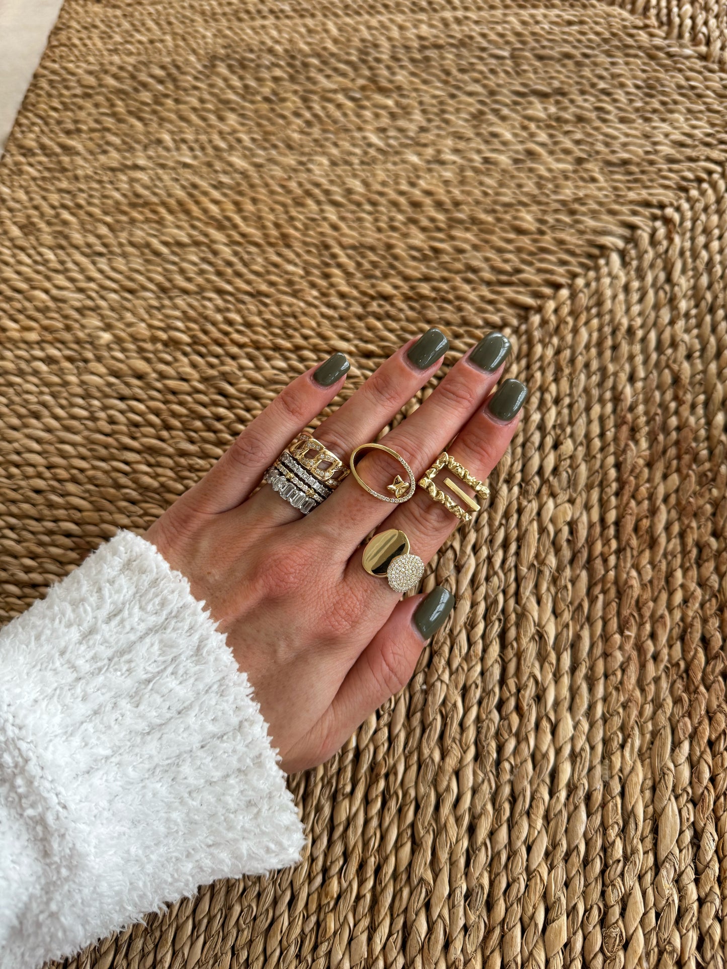 14 karat gold lab-grown diamond ring stack worn on model by BlaireBe Jewelry
