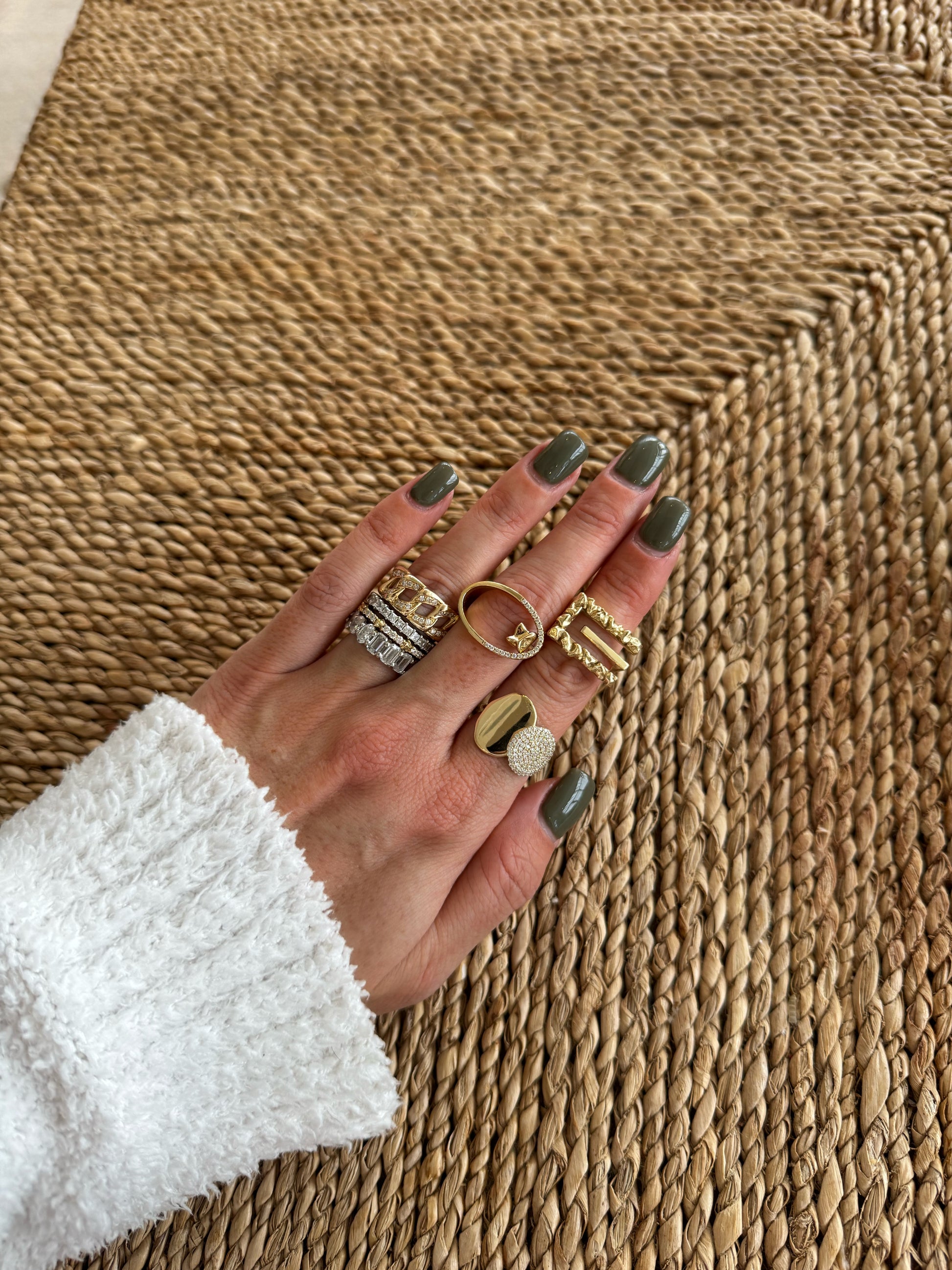 14 karat gold lab-grown diamond ring stack worn on model by BlaireBe Jewelry