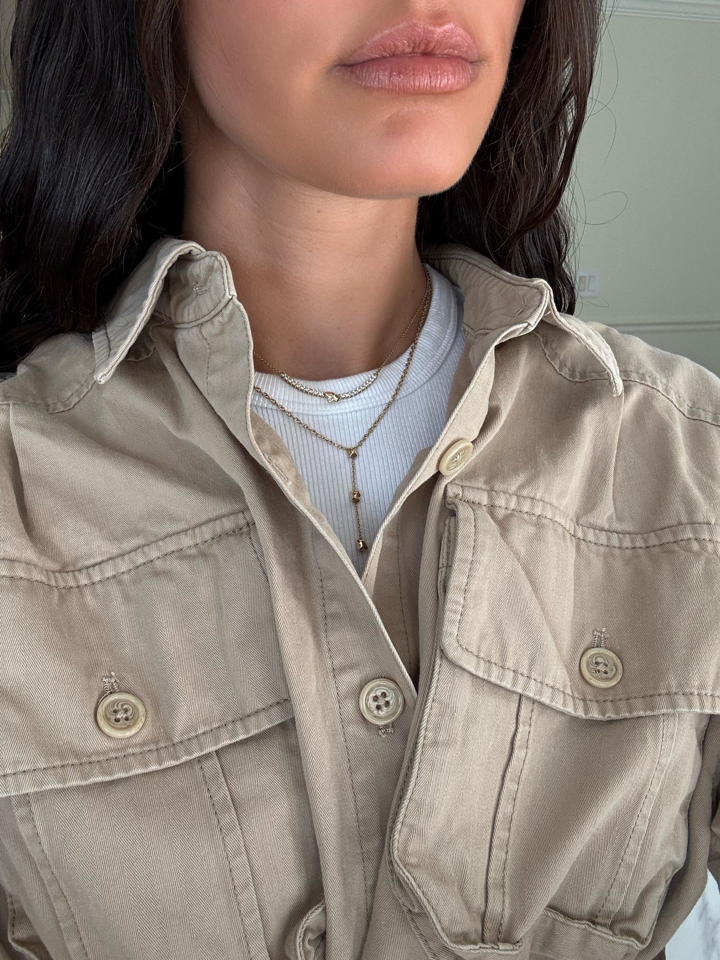 14 karat gold nugget necklace on model by BlaireBe Jewelry