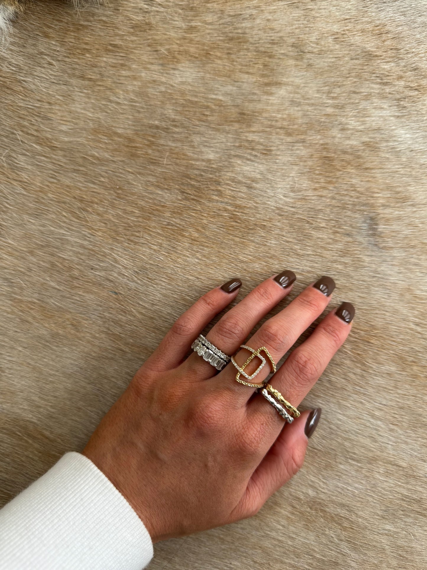 14 karat gold lab-grown diamond delicate statement ring on model by BlaireBe Jewelry