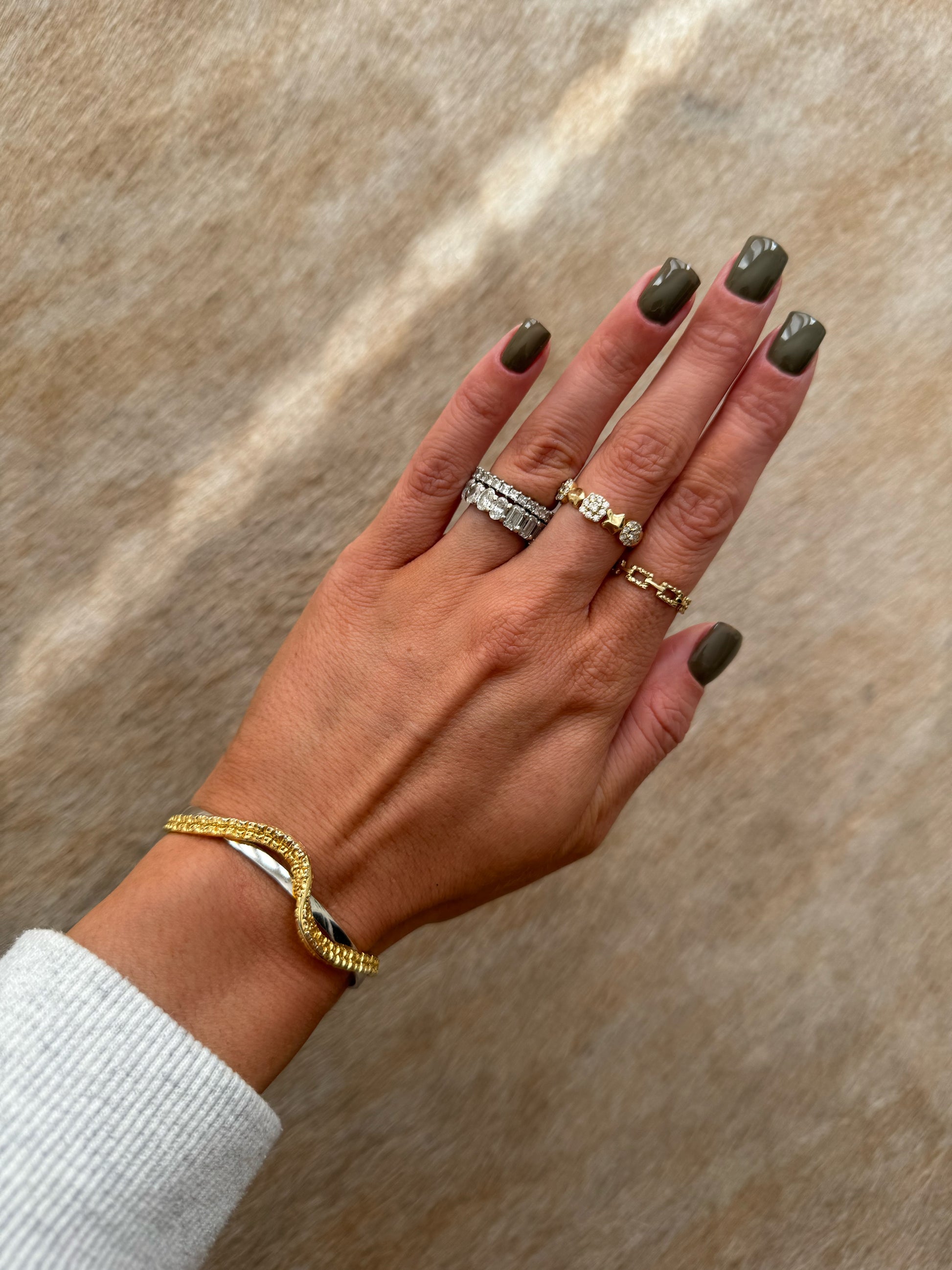 14 karat gold lab-grown diamond band ring on model by BlaireBe Jewelry