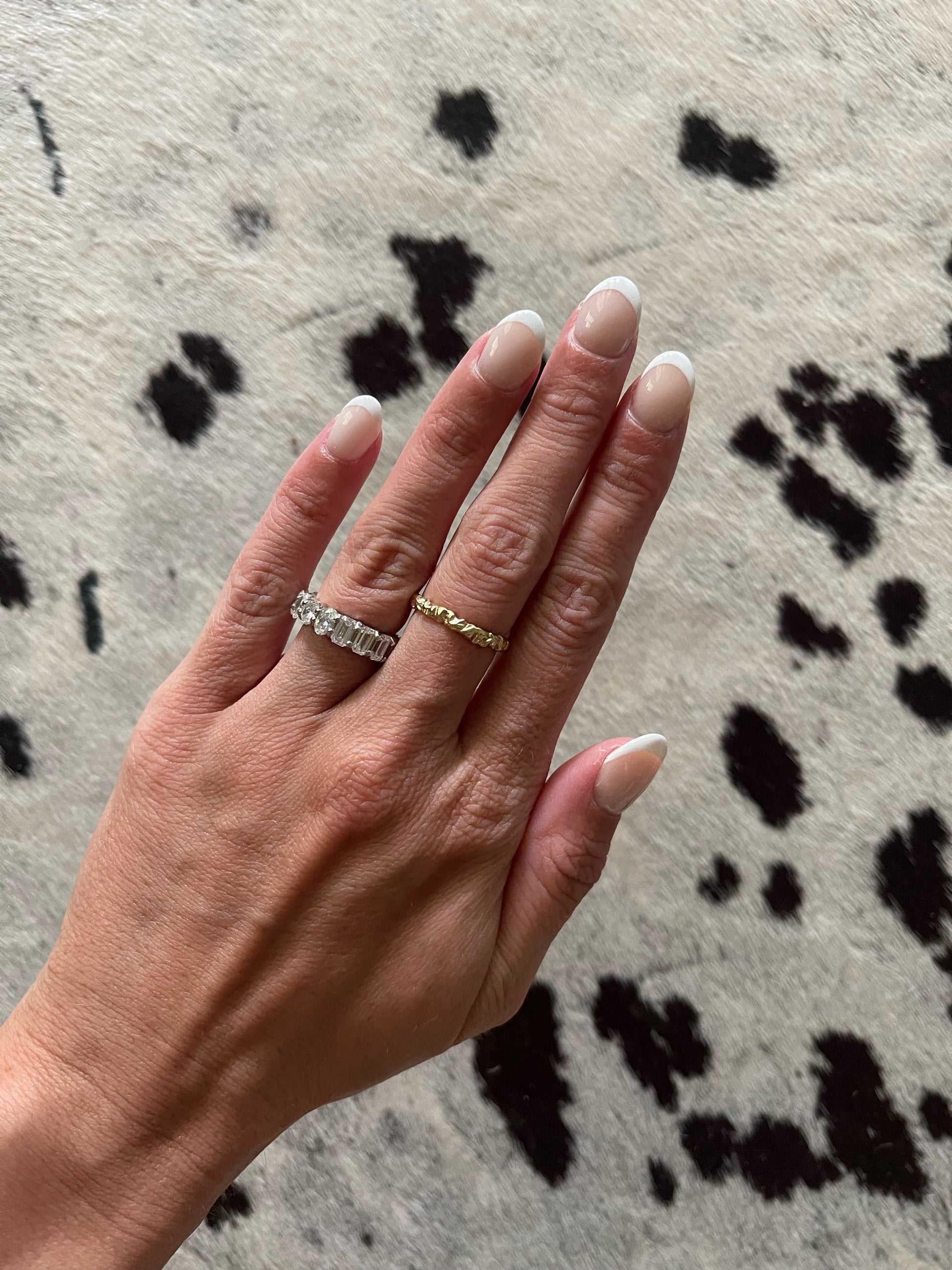 14 karat gold textured ring on model by BlaireBe Jewelry