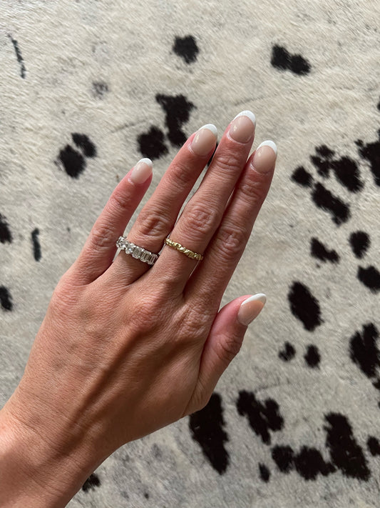 14 karat gold textured ring on model by BlaireBe Jewelry
