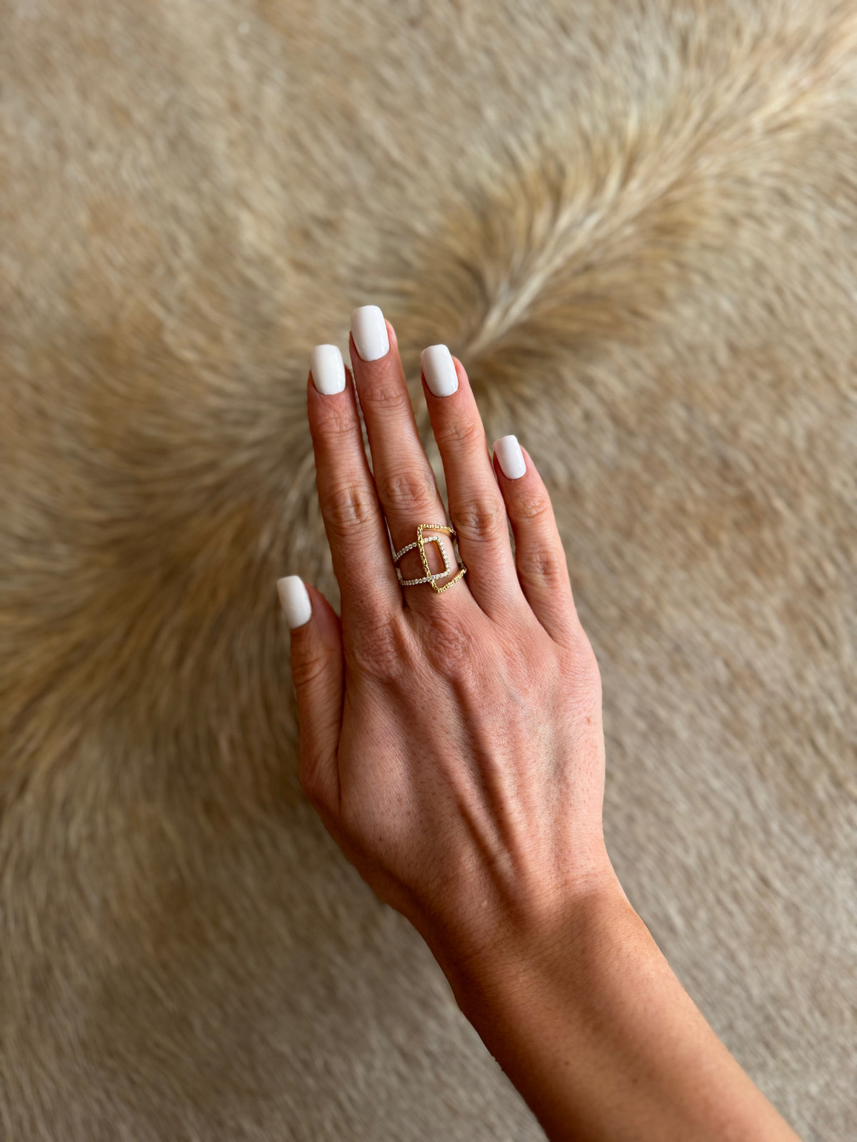 Close up 14 karat gold lab-grown diamond delicate statement ring by BlaireBe Jewelry