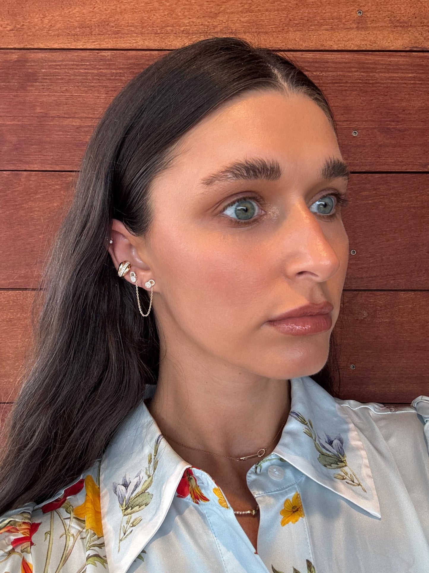 14 karat gold lab-grown diamond double post earring worn on model by BlaireBe Jewelry