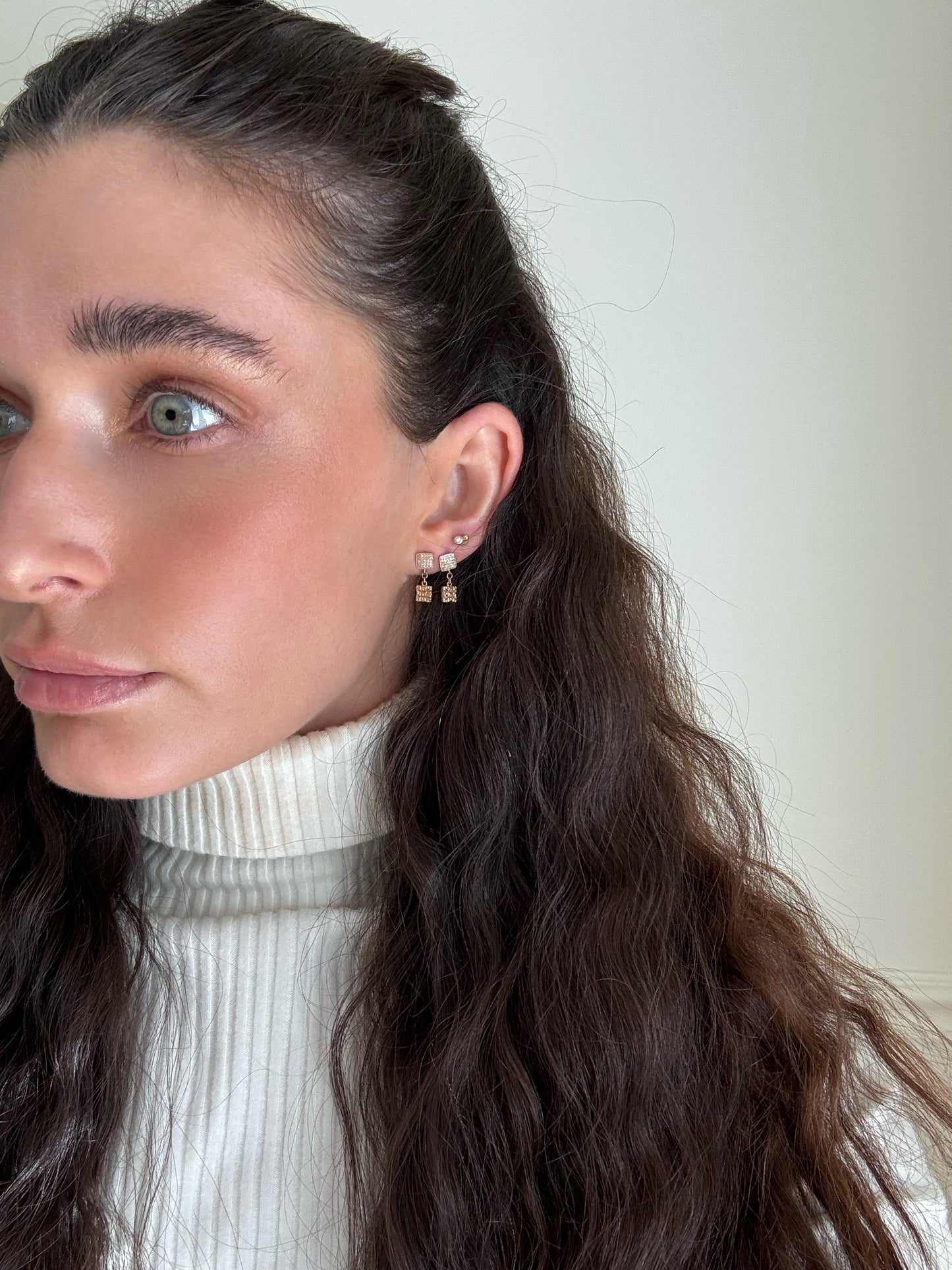 Close up 14 karat gold lab-grown diamond square earrings by BlaireBe Jewelry
