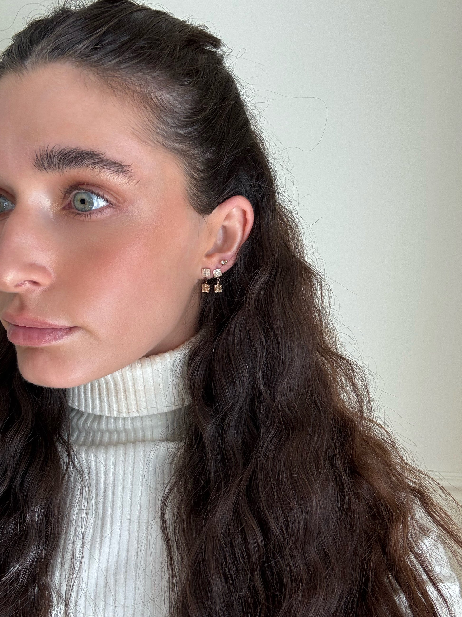 Close up 14 karat gold lab-grown diamond square earrings by BlaireBe Jewelry
