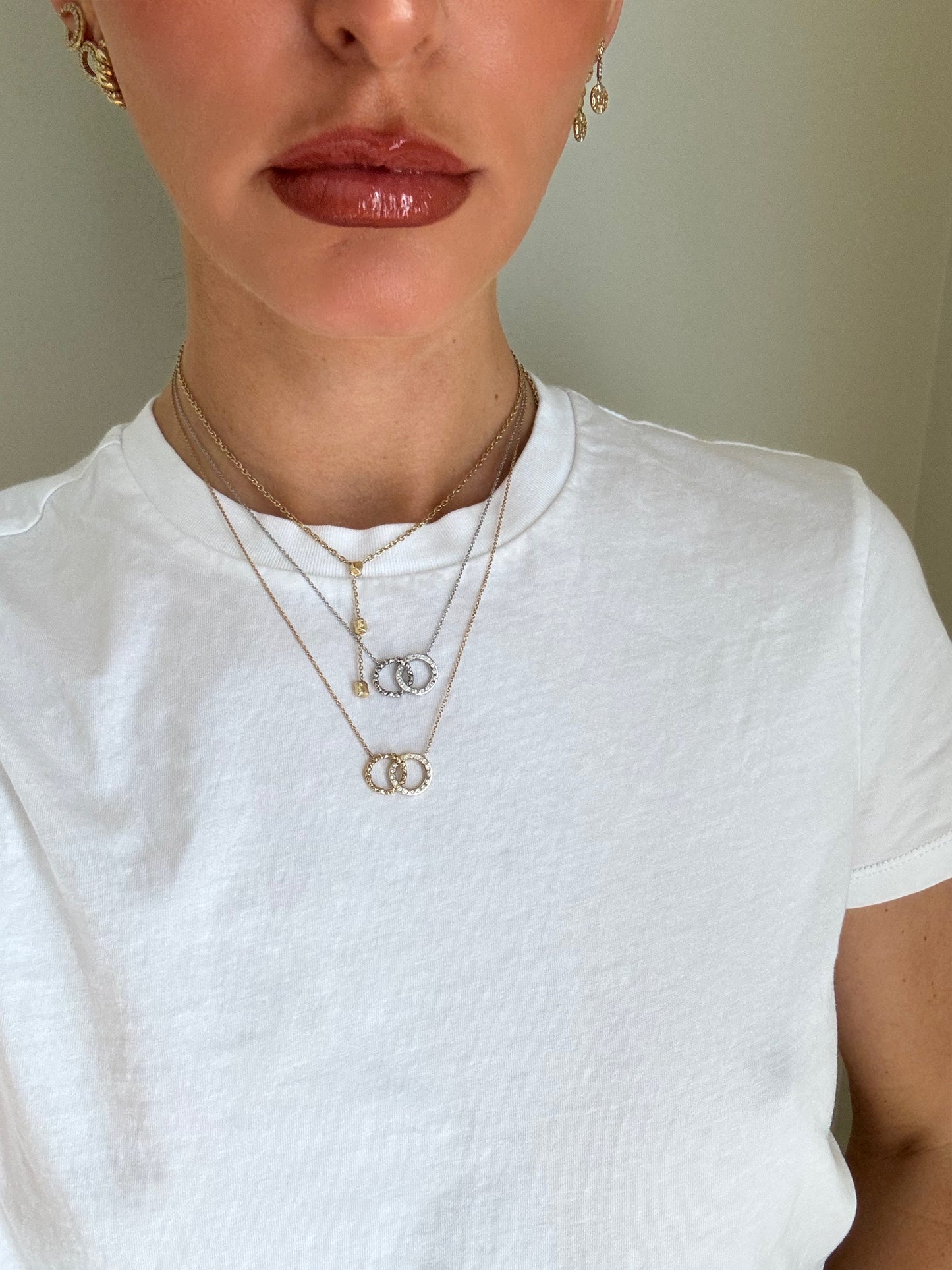 14 karat gold lab-grown diamond circles necklace on model by BlaireBe Jewelry