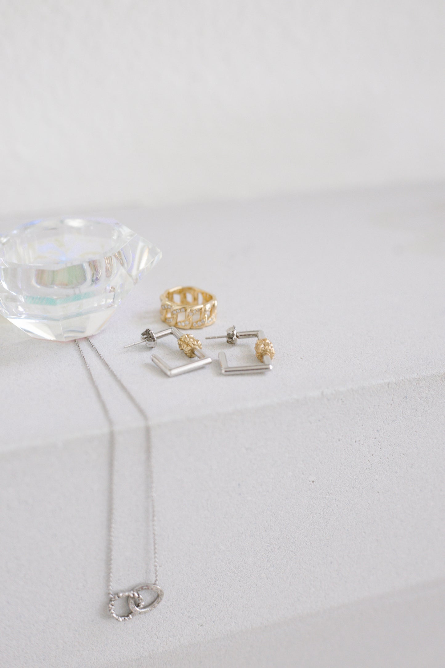 Detail shot 14 karat gold lab-grown diamond square two toned earrings by BlaireBe Jewelry