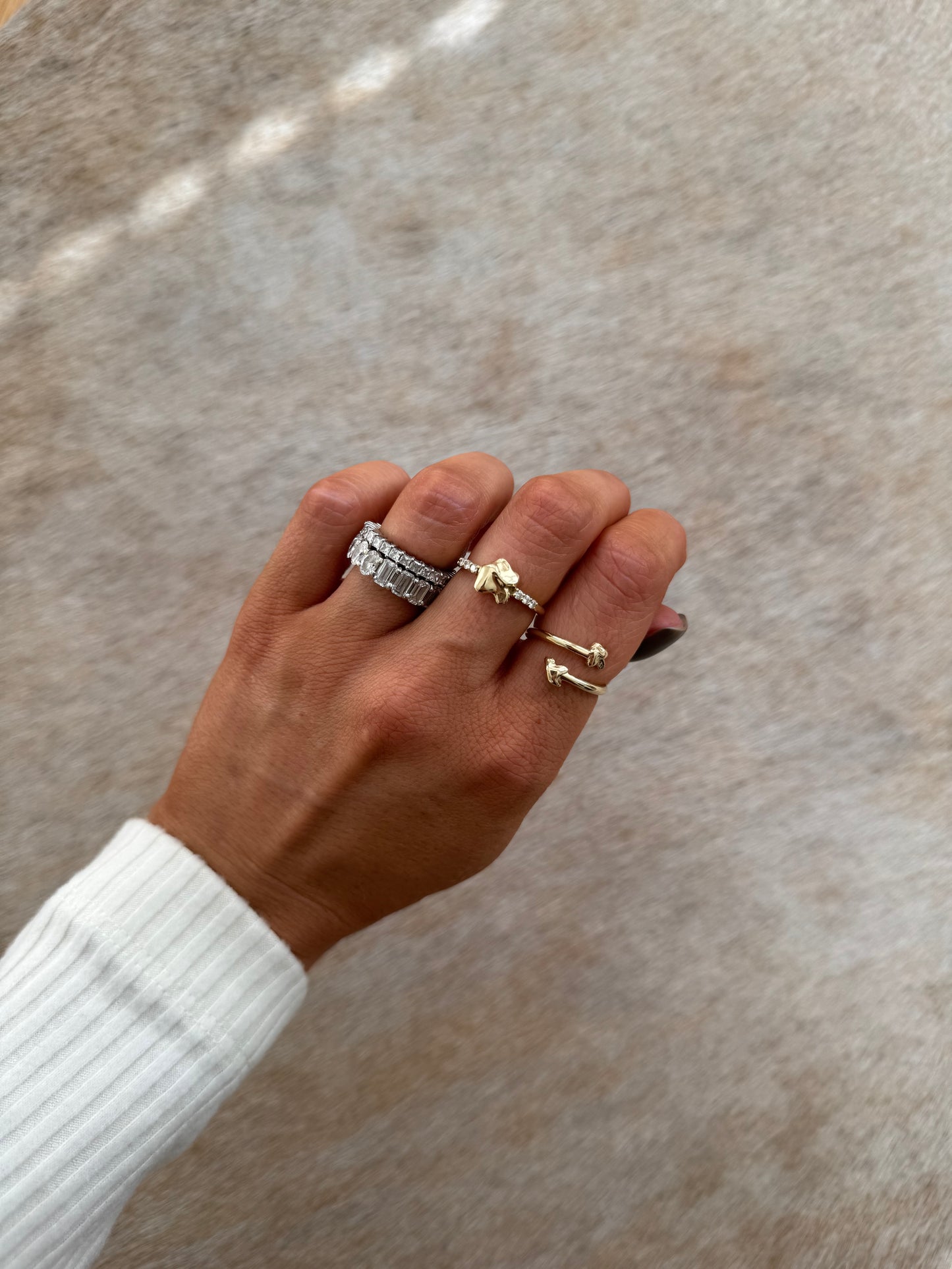 14 karat gold lab-grown diamond nugget ring on model by BlaireBe Jewelry