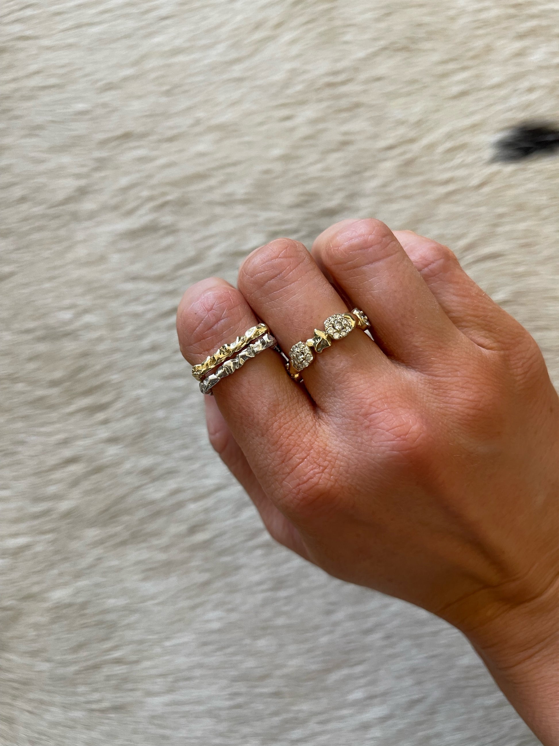 Close up 14 karat gold lab-grown diamond stacking square ring by BlaireBe Jewelry