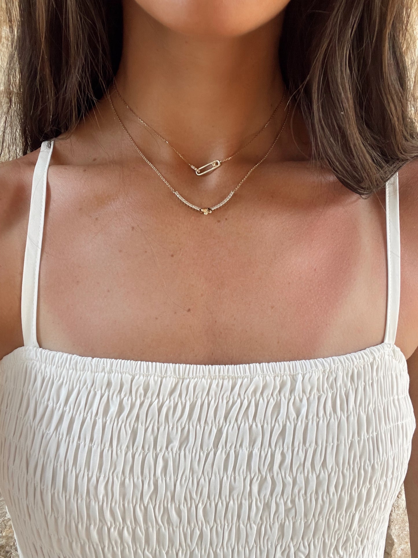 Close up 14 karat gold lab-grown diamond paperclip necklace by BlaireBe Jewelry