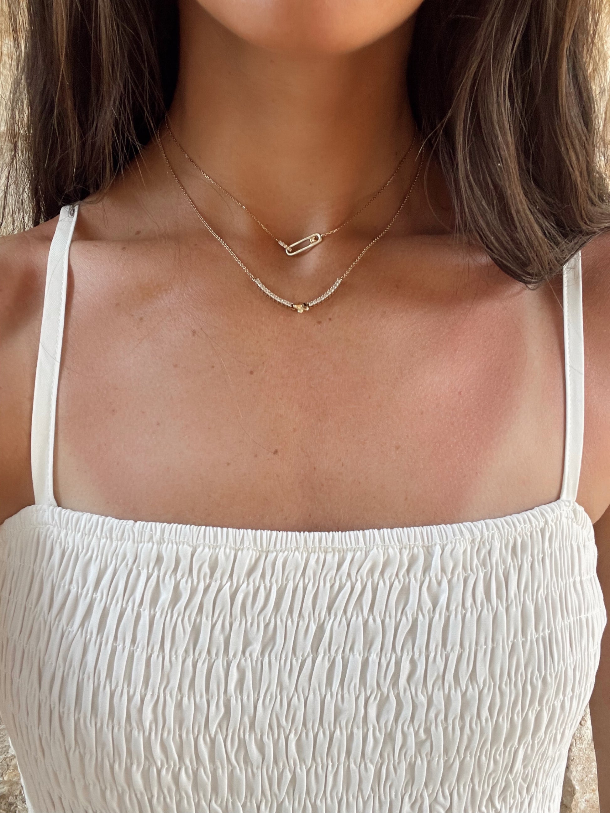 Close up 14 karat gold lab-grown diamond paperclip necklace by BlaireBe Jewelry
