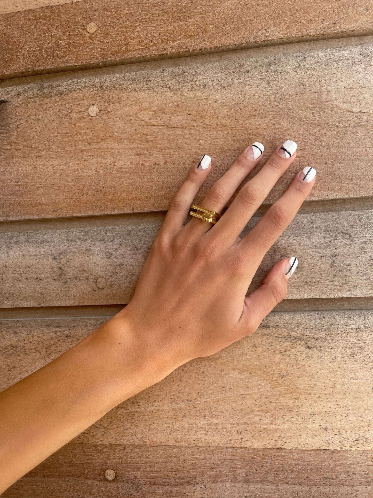 14 karat gold chunky square ring on model by BlaireBe Jewelry