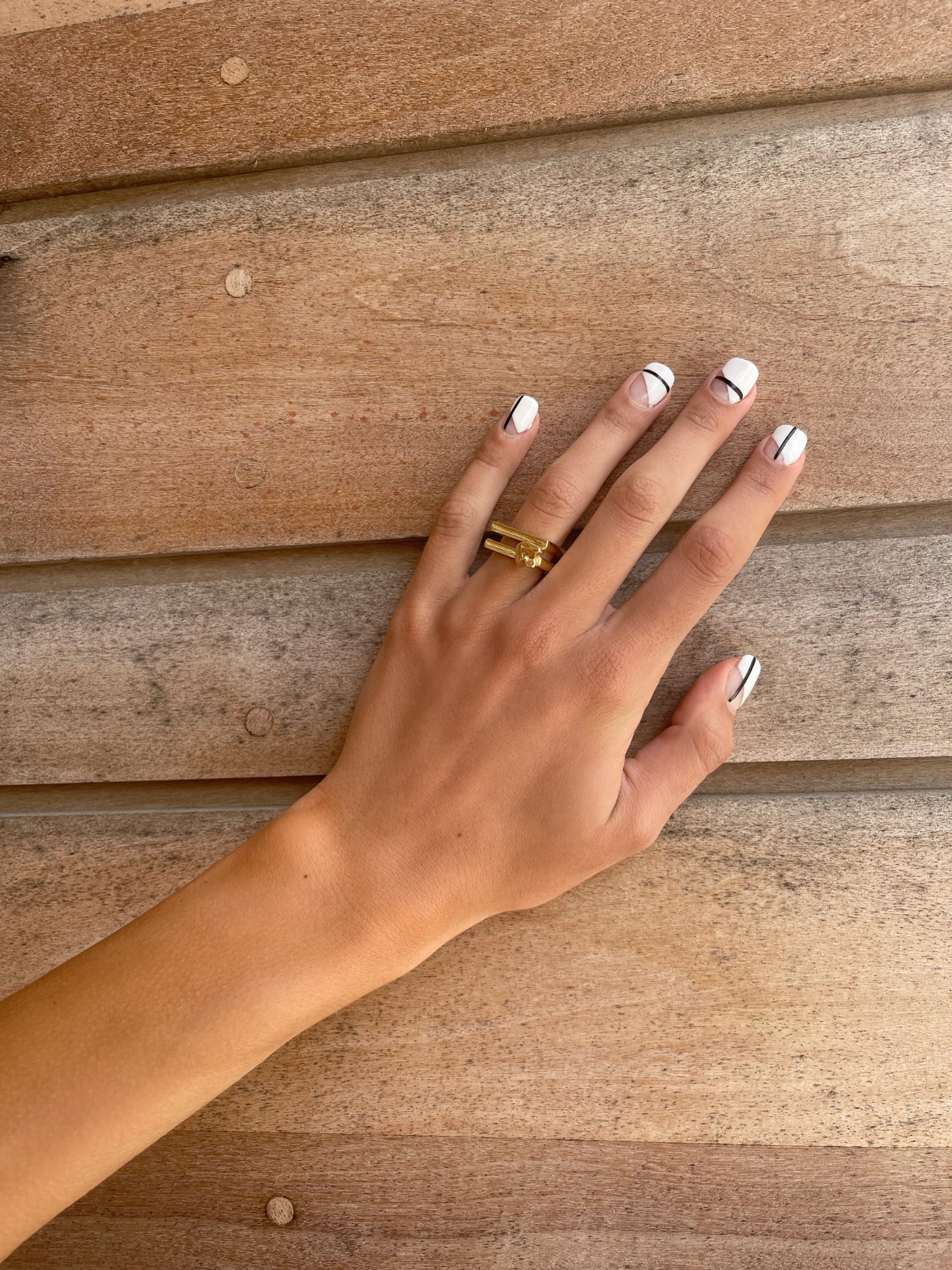 14 karat gold chunky square ring on model by BlaireBe Jewelry