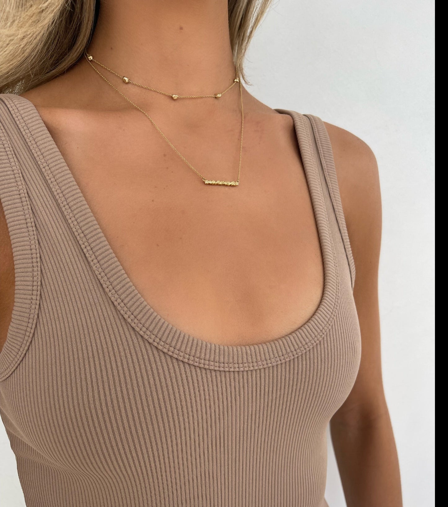 Side view 14 karat gold bar necklace by BlaireBe Jewelry