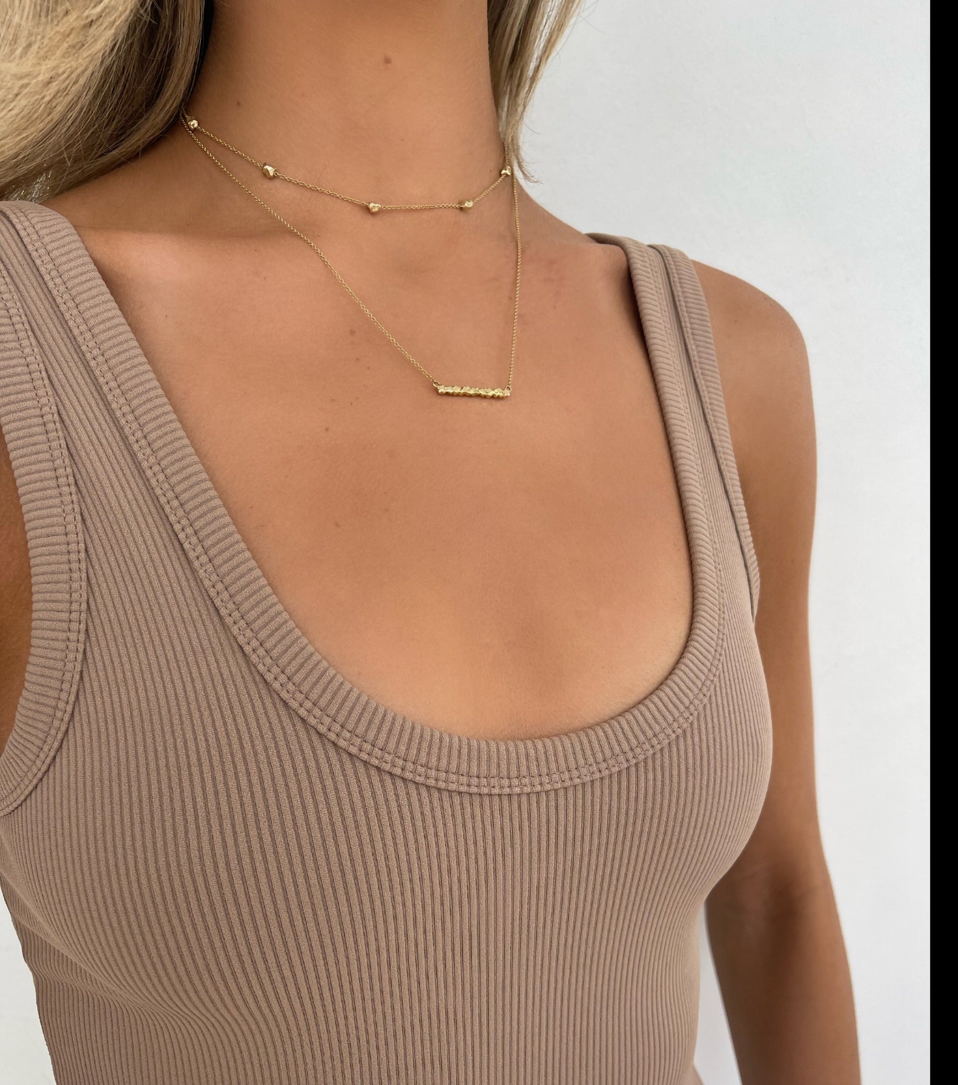Side view 14 karat gold bar necklace by BlaireBe Jewelry