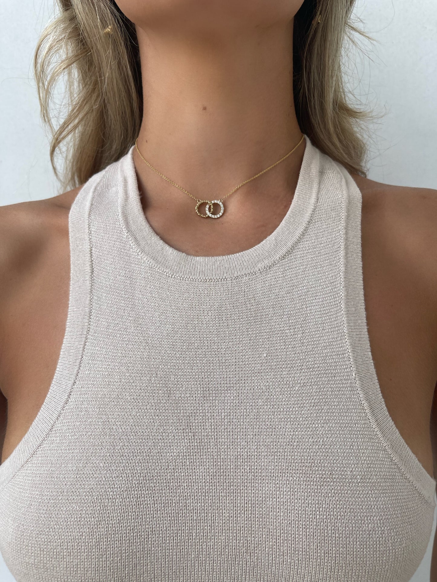 Close up 14 karat gold lab-grown diamond circles necklace by BlaireBe Jewelry