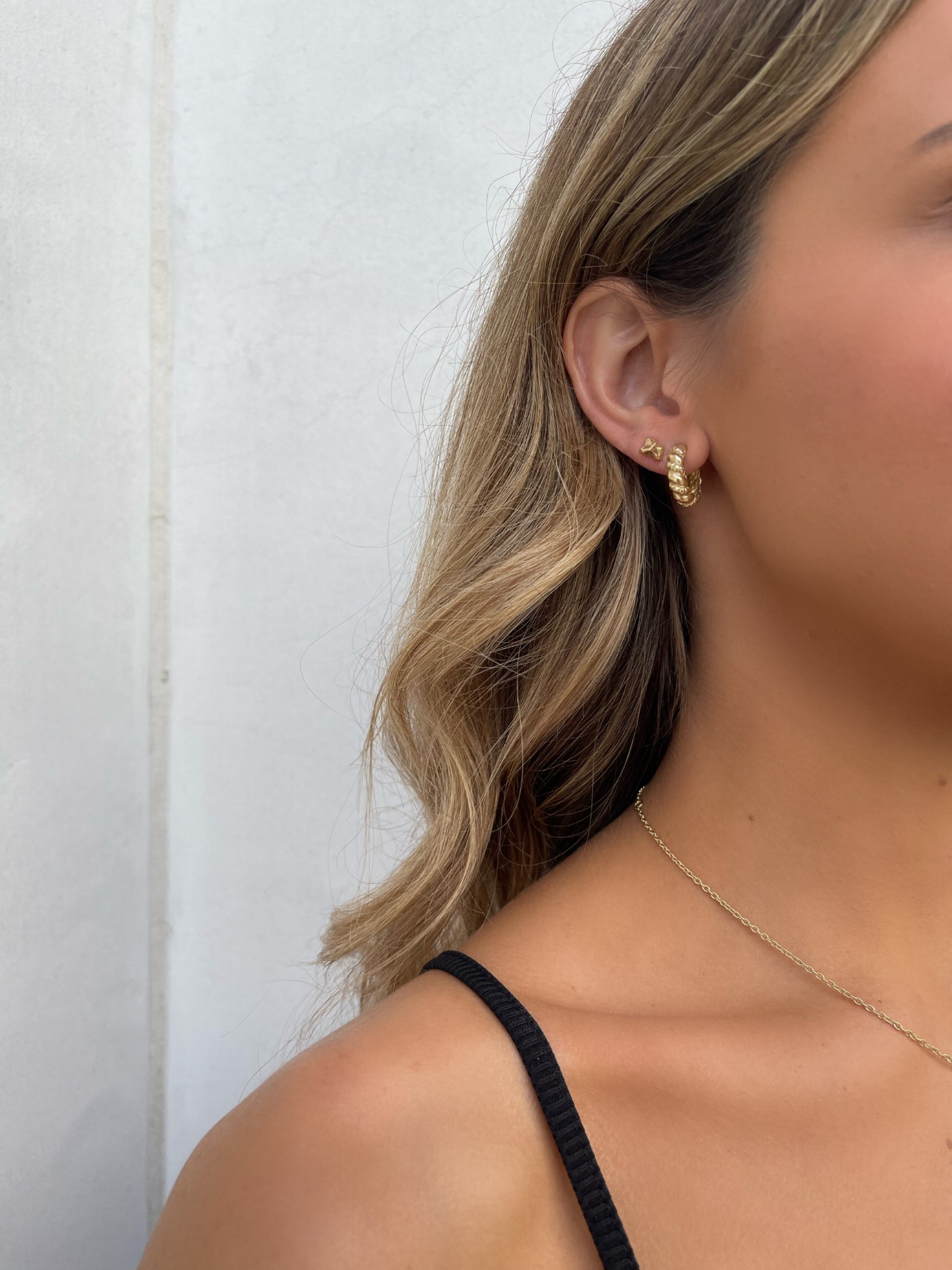 Close up 14 karat gold vintage hoops by BlaireBe Jewelry